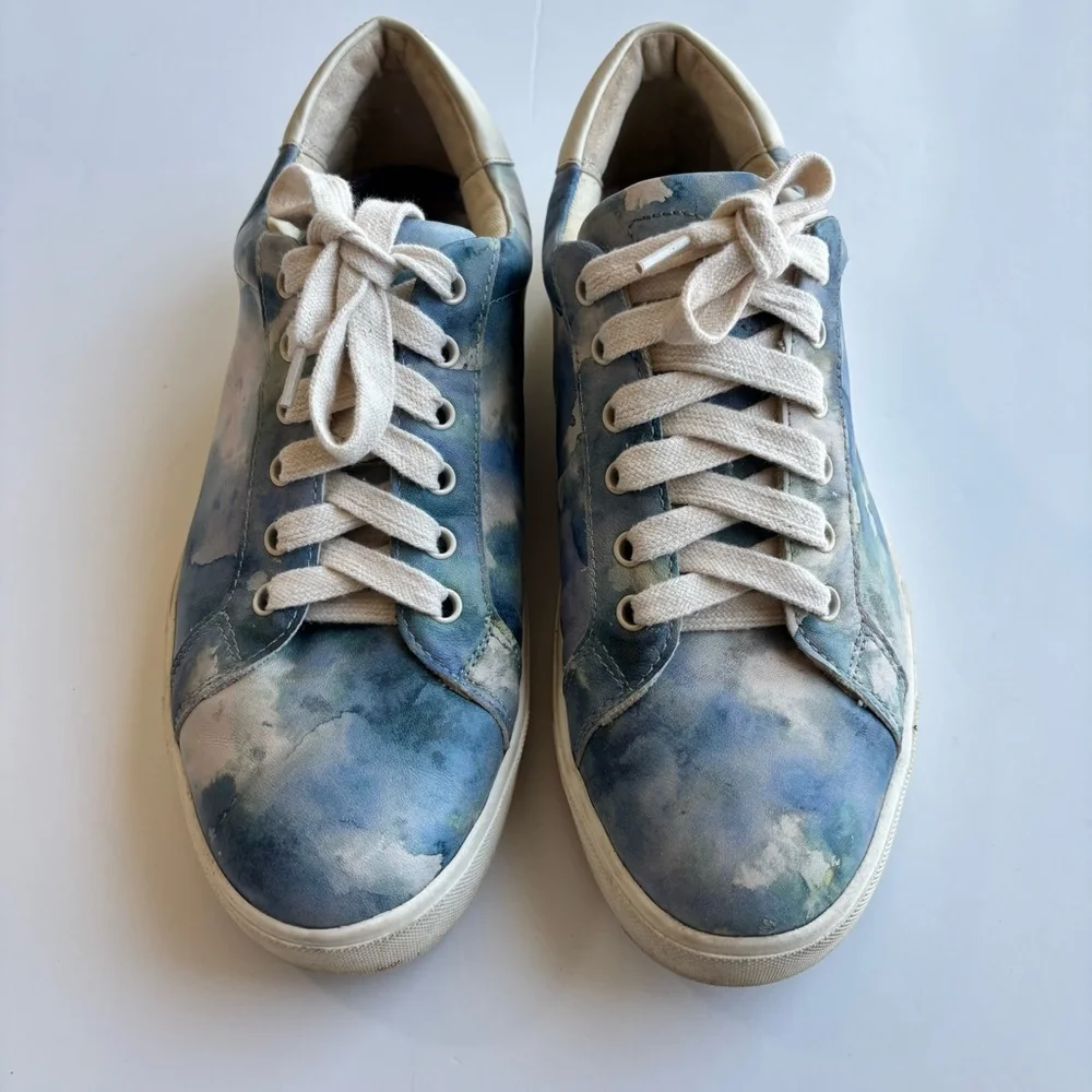 SH4 Sam Edelman Blue Watercolor Cloud Print Leather Sneakers Casual Women 10M